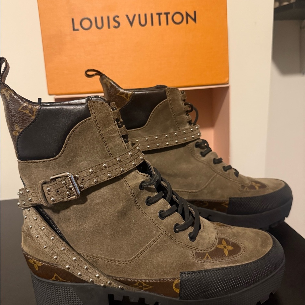 Louis Vuitton Olive Green Suede Studded Platform Ankle Boots